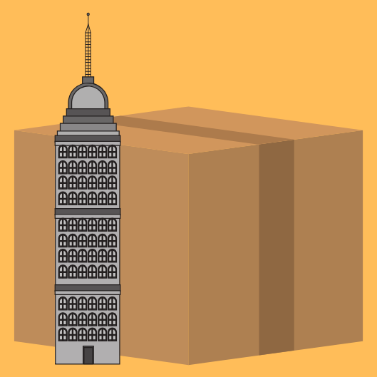Image of gray tower next to brown cardboard box.