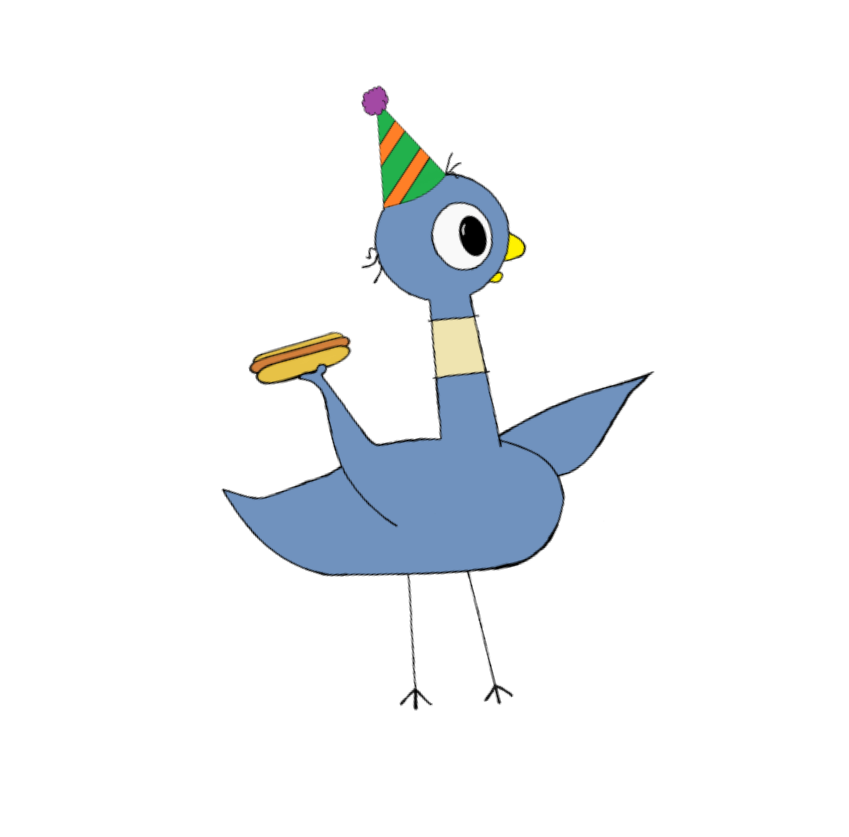 Mo Willem's character Pigeon with a hot dog and party hat