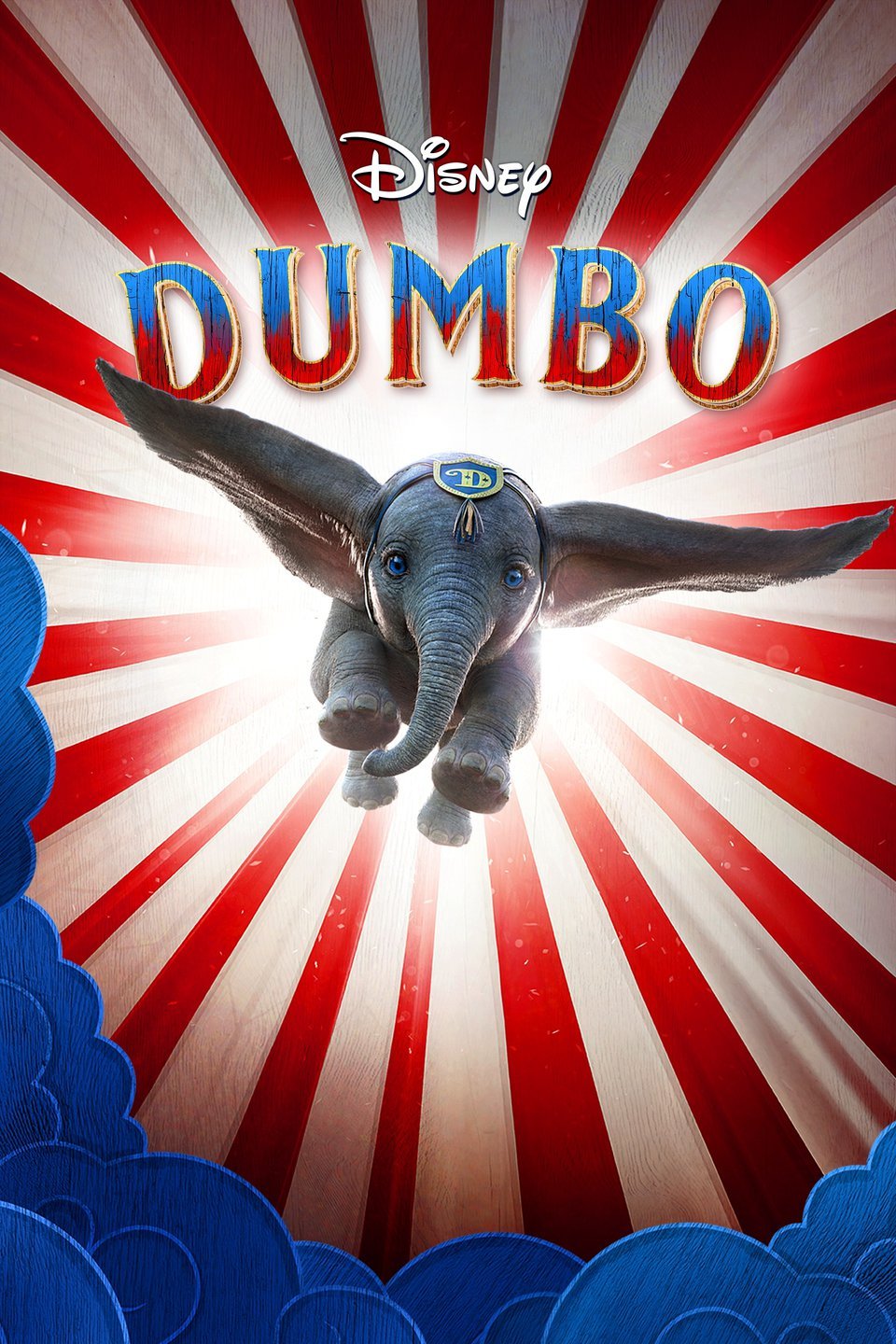 The cover of Disney's Dumbo movie with a flying elephant in front of a circus background