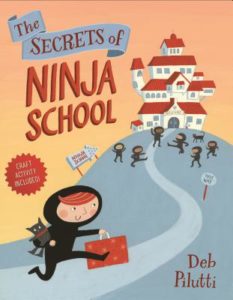 A kid ninja walking toward a ninja school (cover of the book The Secrets of Ninja School)