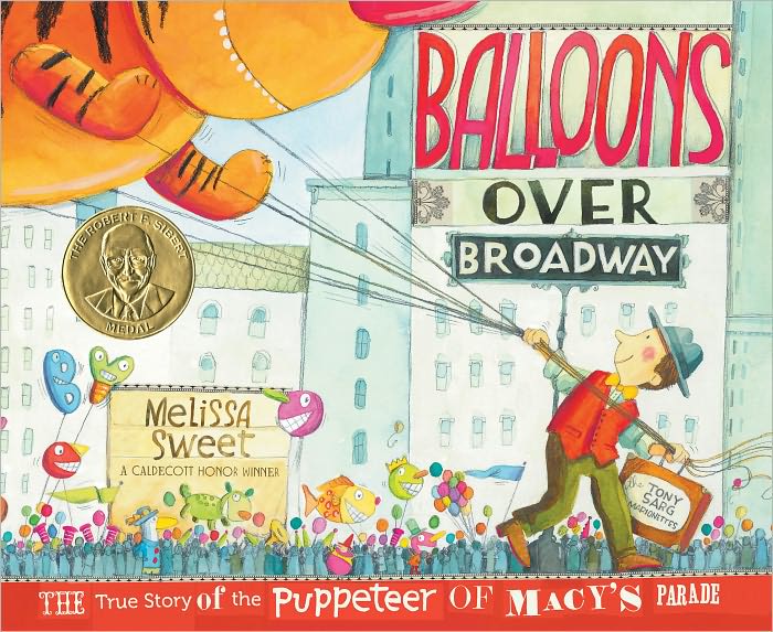 a boy helping to pull a parade balloon down the route (cover of the book Balloons Over Broadway)
