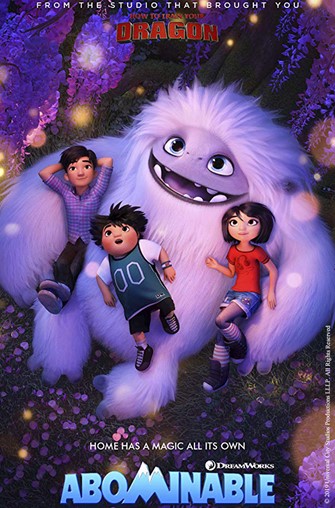 Abominable movie poster. Yeti holding three children.