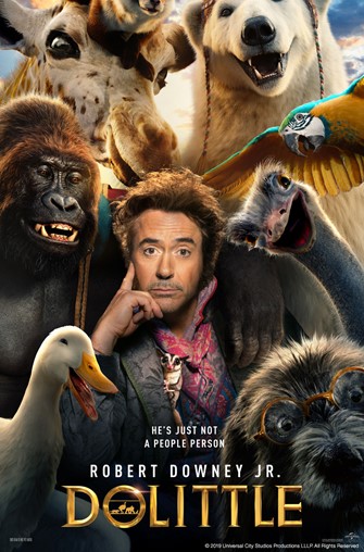 Dolittle movie poster. Man surrounded by animals.