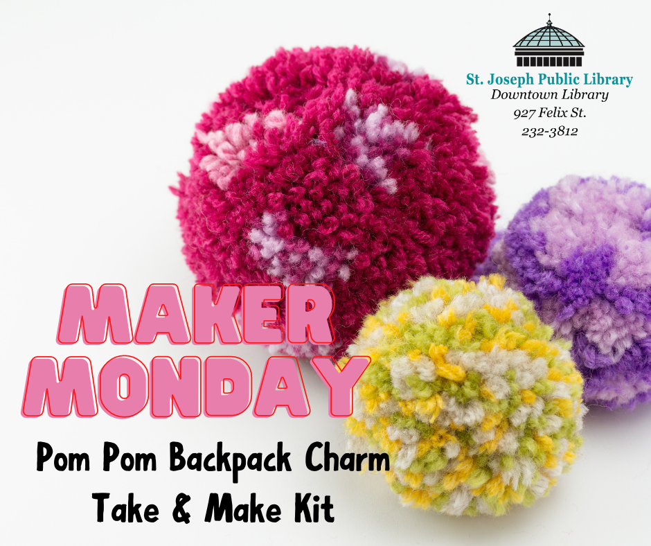 Image of yarn pom poms and text