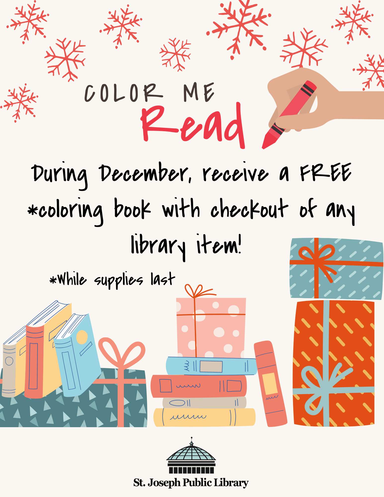 Check out any item from SJPL, receive a Free coloring book! While supplies last.