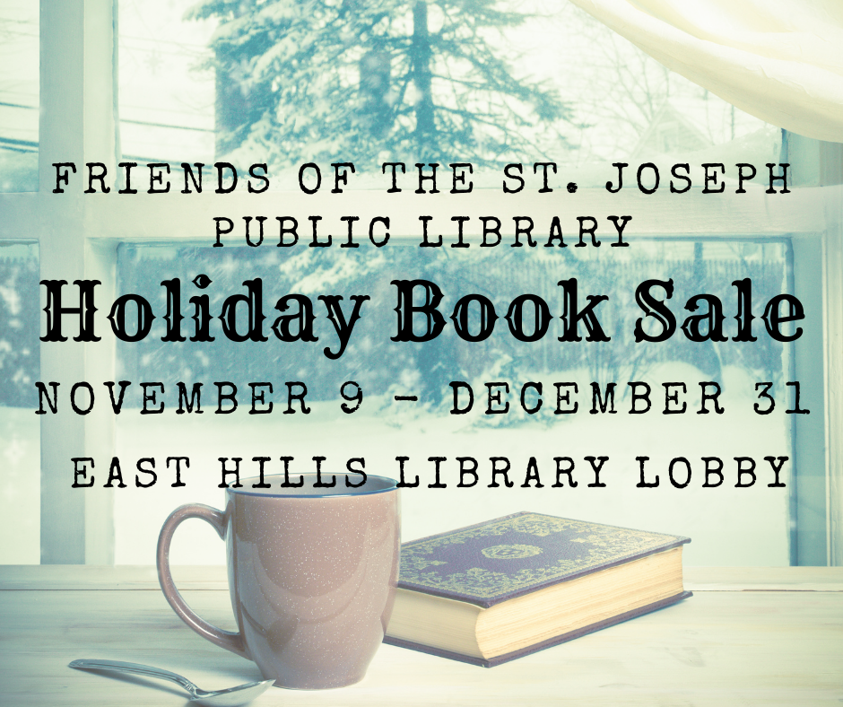 Winter scene with book. Holiday Book Sale November 9-December 31.