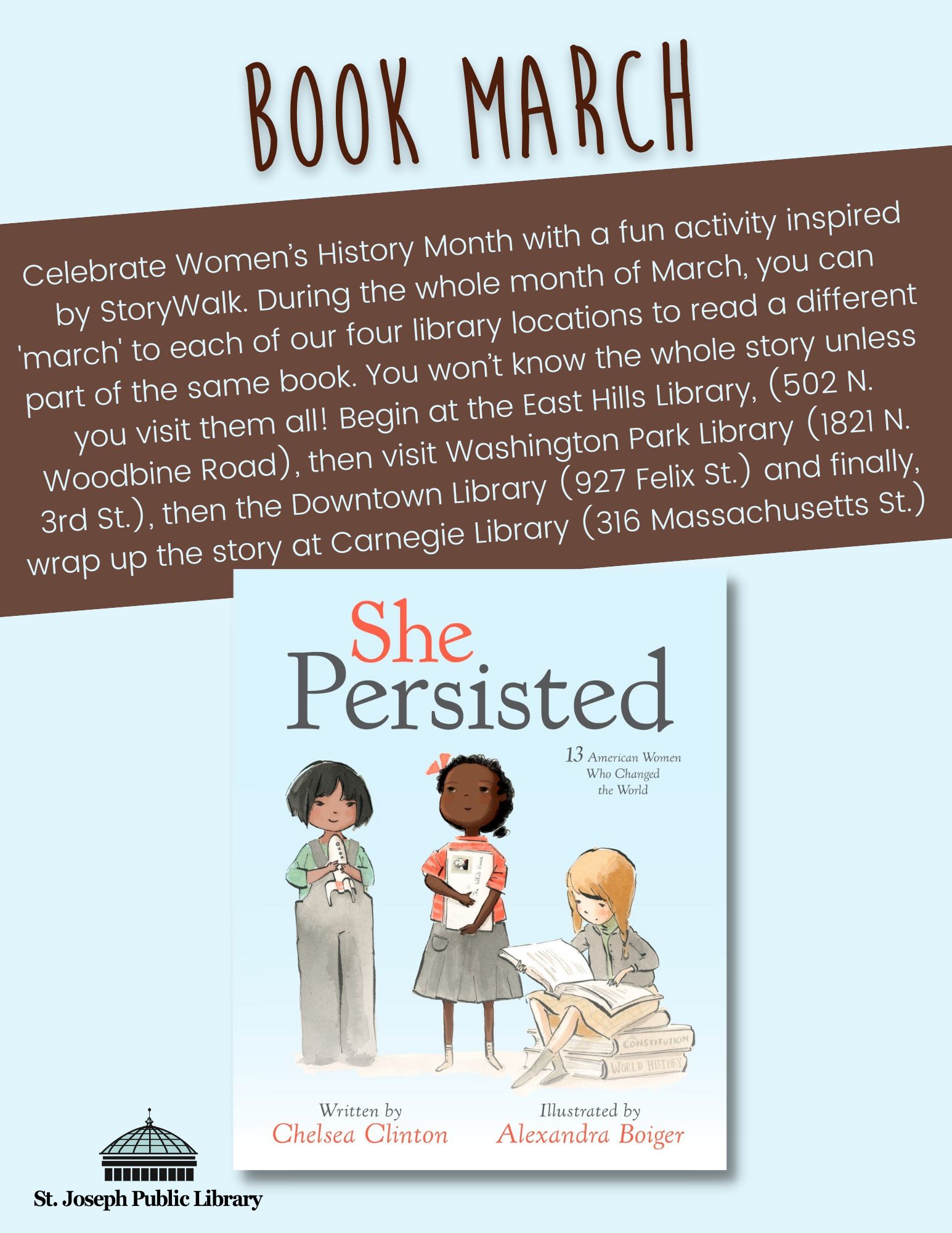 She Persisited book cover with Book March text information as in the below description.