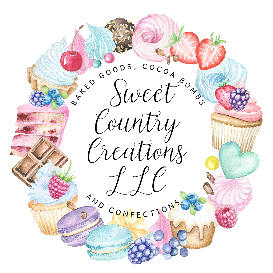 A ring of sweet treats around a business logo, Sweet Country Creations, LLC