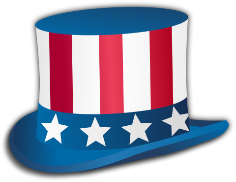 Blue top hat decorated with red and white stripes and white stars.