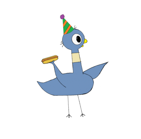 Mo Willem's character Pigeon with a hot dog and party hat