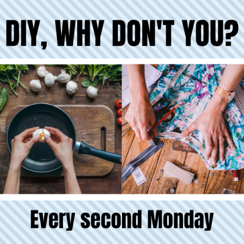 Picture of cooking eggs, and someone sewing with words "DIY, Why Don't You?"