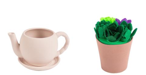 tea pot planter and fake succulent 