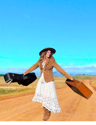 photo of woman carrying a guitar and suitcase on a dirt road
