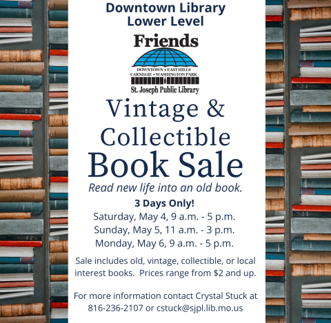 Stacks of books and date times of vintage book sale at the Downtown Library
