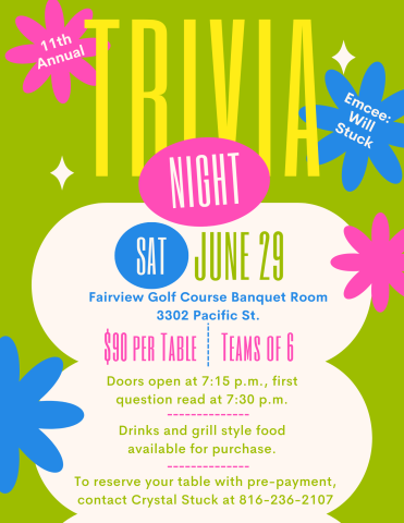 Trivia Night flyer with dates, time and location