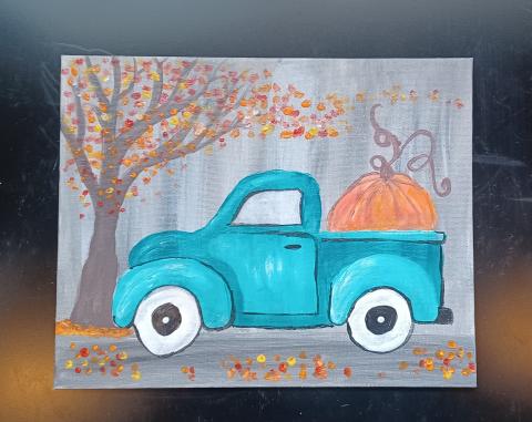 A fall inspired acrylic painting with a vintage truck carrying a large pumpkin