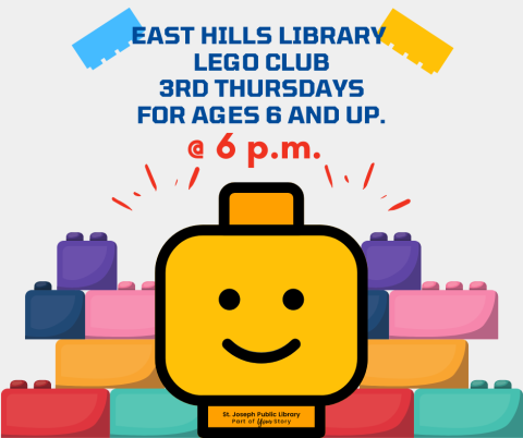 Colorful lego flyer for East Hills Library Lego Club Third Thursdays at 6 p.m.