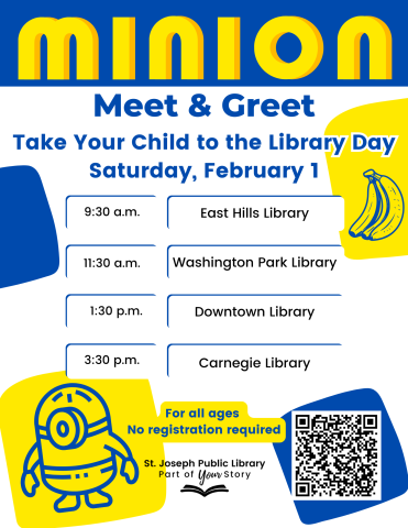 A colorful flyer with Minion Meet and Greet information