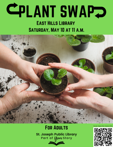 Two sets of hands trading a small plant, featured to promote East Hills Library's Plant Swap on May 10, 11 AM