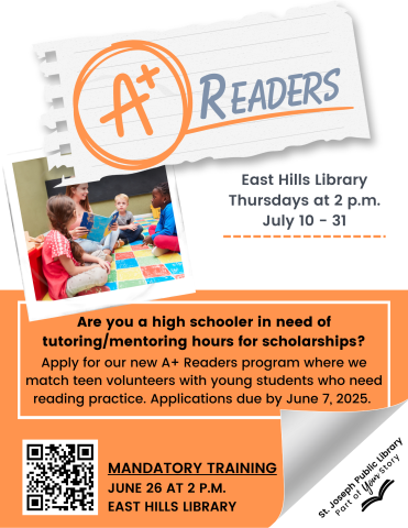 A young child reading with a teen mentor along with information about the A+ Readers program.