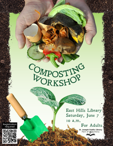Composting Workshop flyer with 2 hands holding a pile of decomposing food debris for compost.