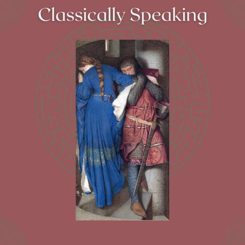 painting of medieval man and woman on turret stairs