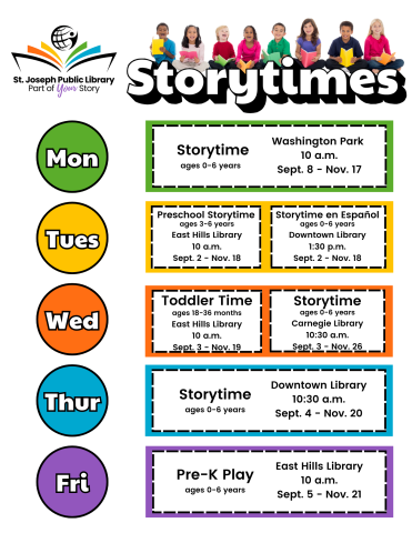 A colorful flyer listing storytime dates and times for St. Joseph Public Library system