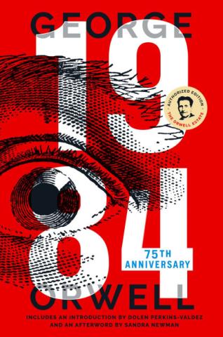 A red book cover with an eye and the number 1984.
