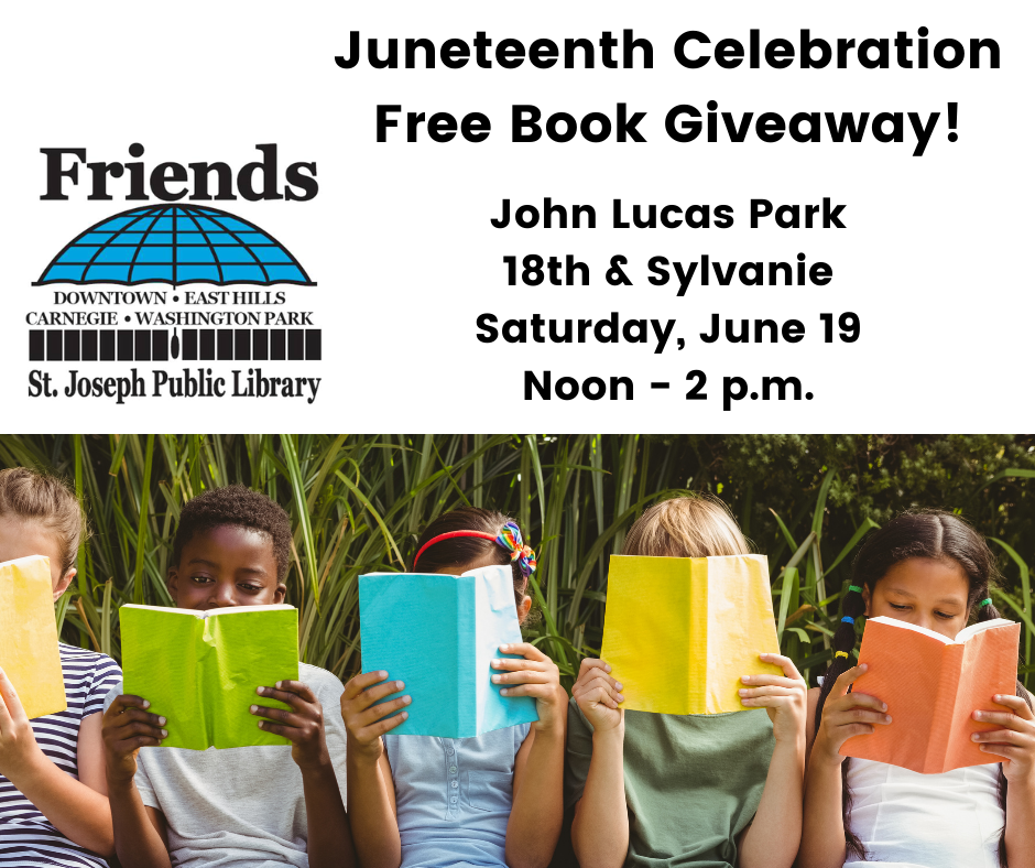 Children reading books, info about the free book giveaway at the Juneteenth Celebration