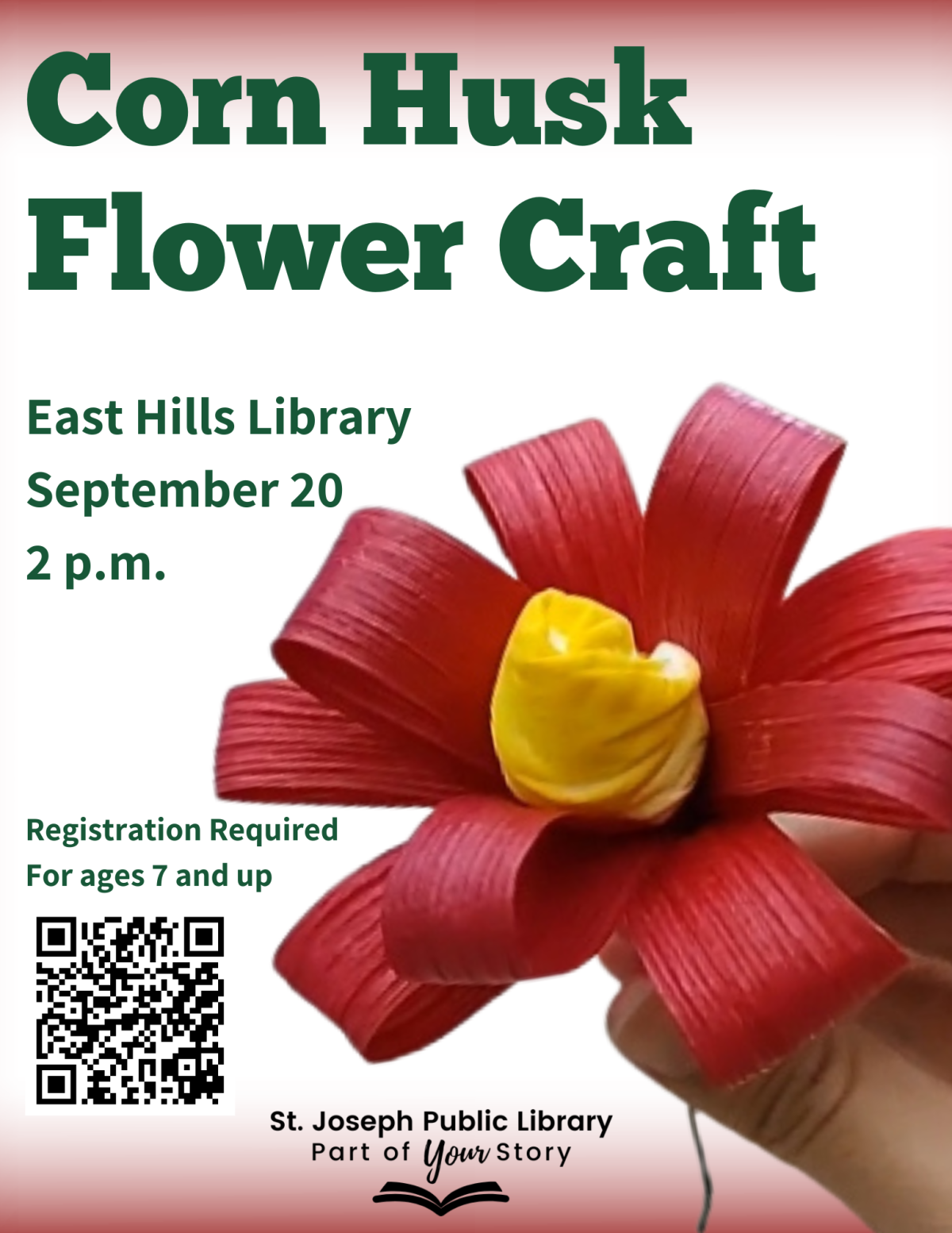 Corn Husk Flower Craft, East Hills Library, September 20, 2 p.m.