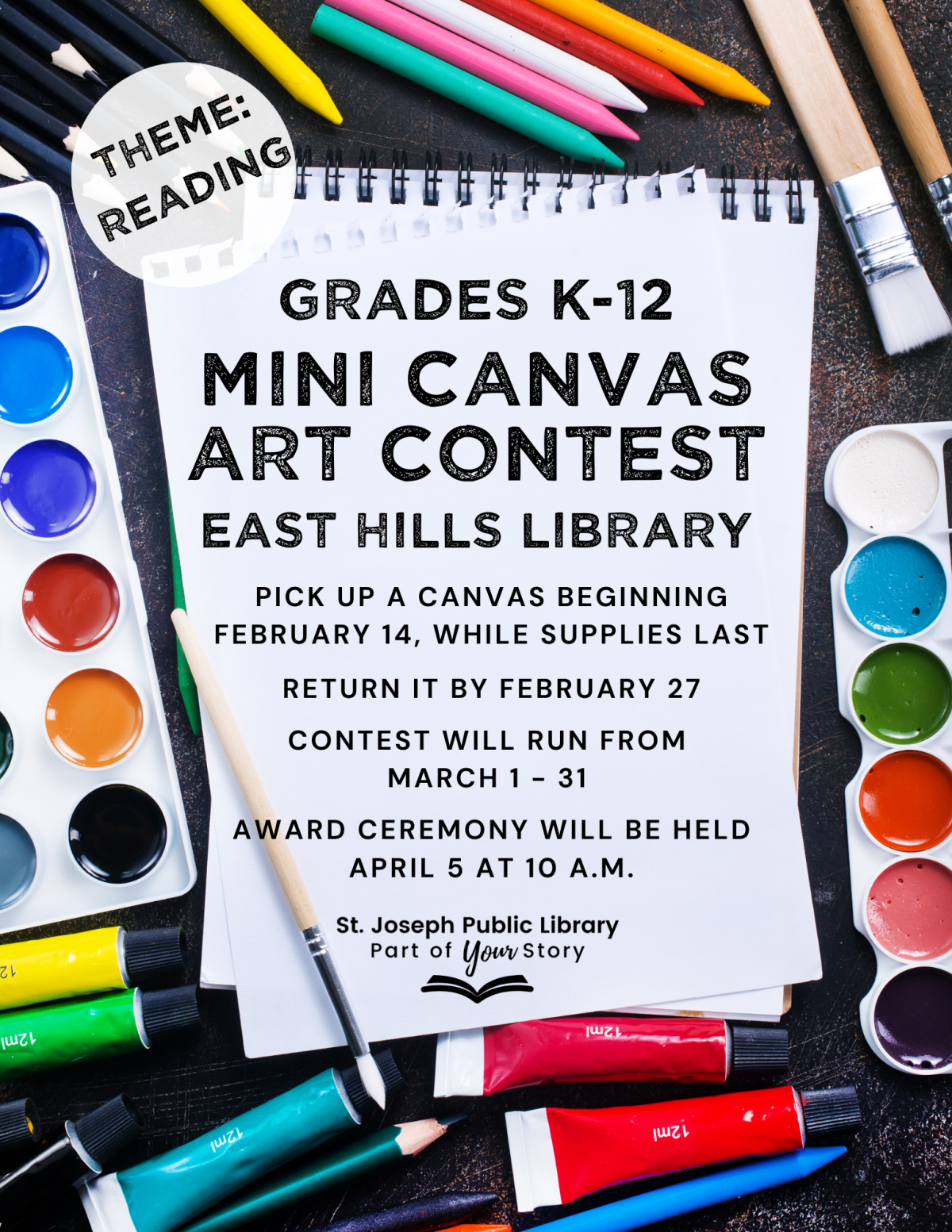 A colorful flyer with information about the Mini Canvas Art Contest at East Hills Library