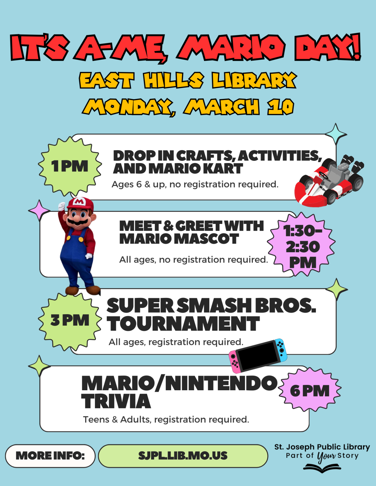 A colorful flyer with Super Mario Day information