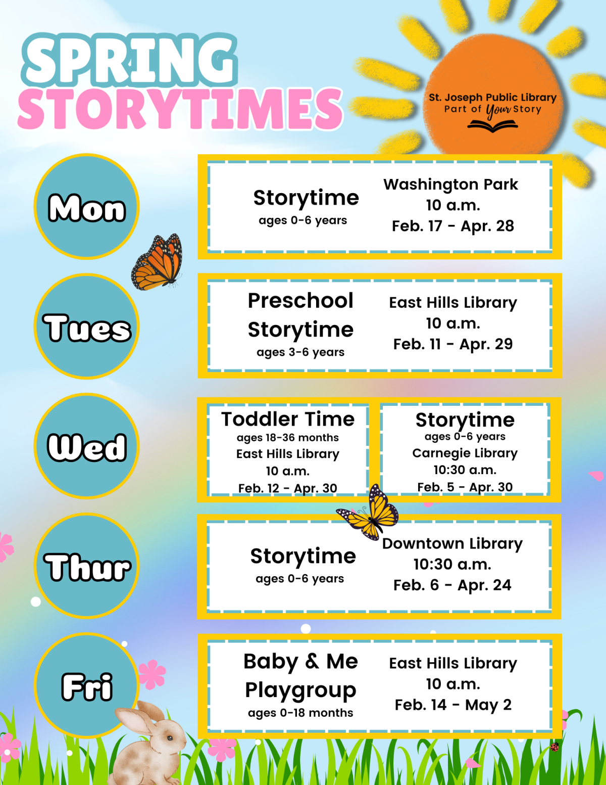 A colorful image with storytime information on it