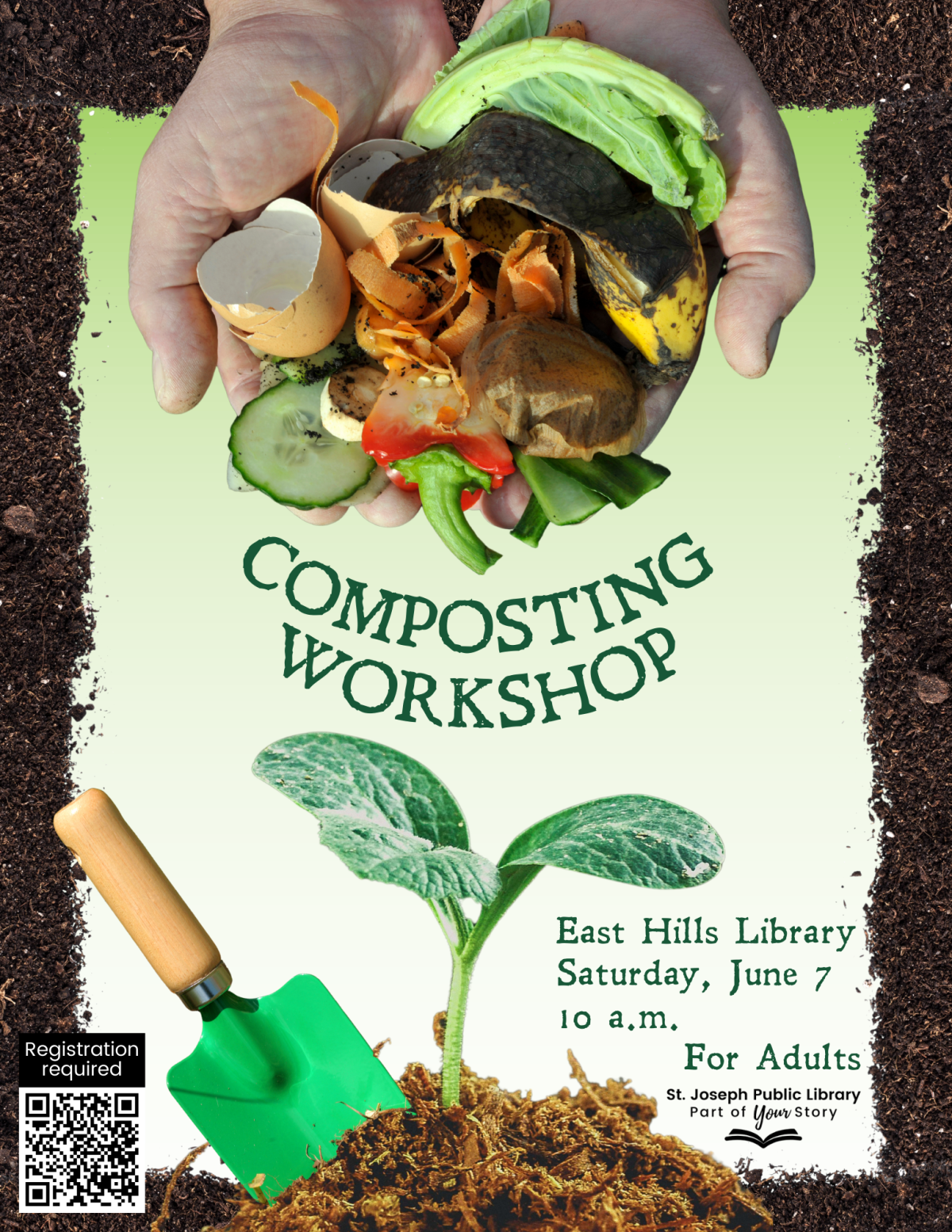 Composting Workshop flyer with 2 hands holding a pile of decomposing food debris for compost.