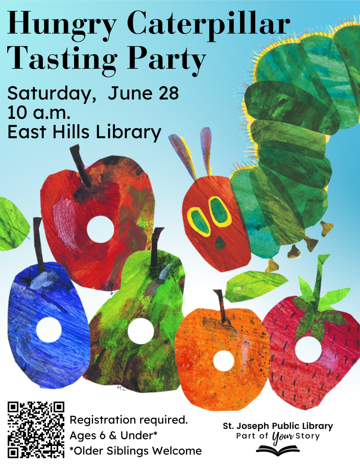 Hungry Caterpillar Tasting Party with Eric Carle's artwork featured on the flyer.