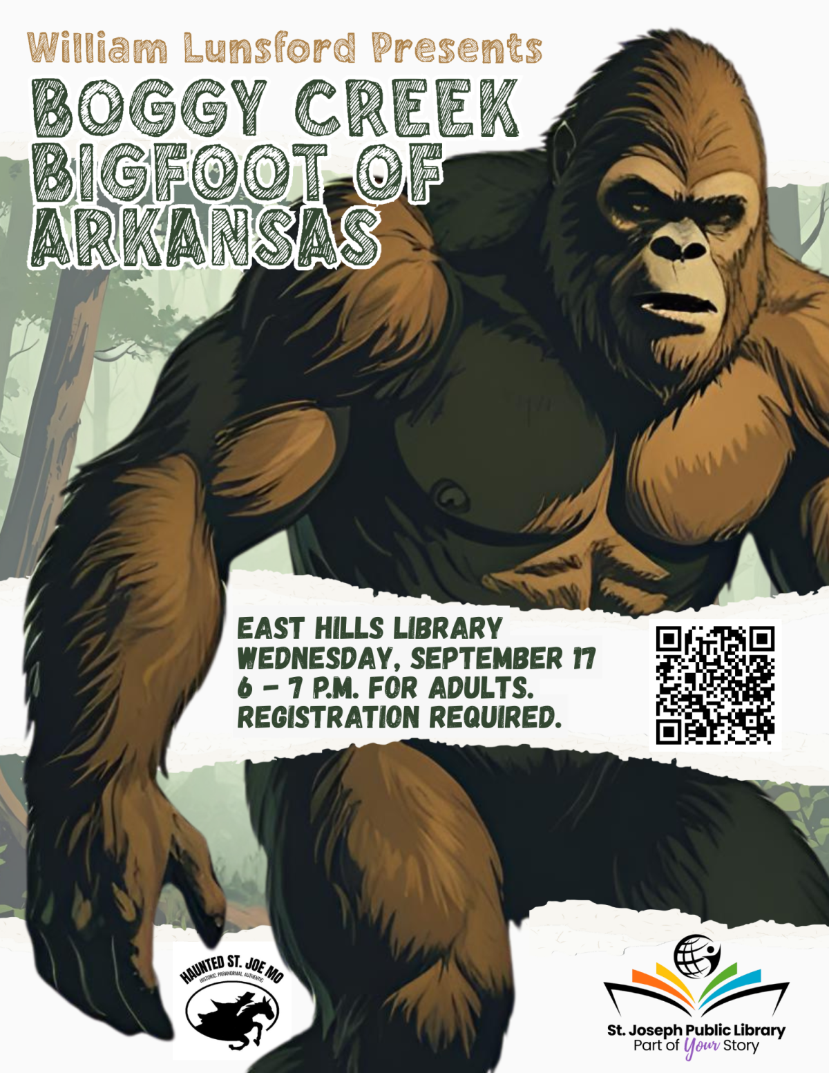 William Lunsford Presents Boggy Creek Bigfoot, Wednesday, September 17, 6 PM, East Hills Library