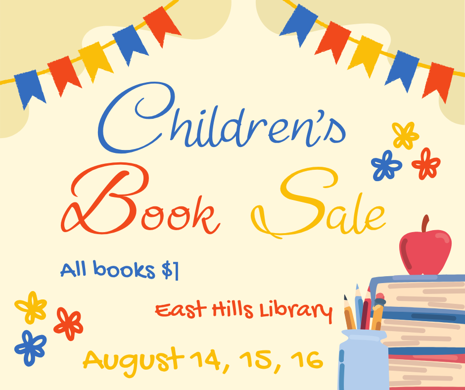 Children's Book Sale sign with books and banners.