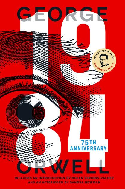A red book cover with an eye and the number 1984.
